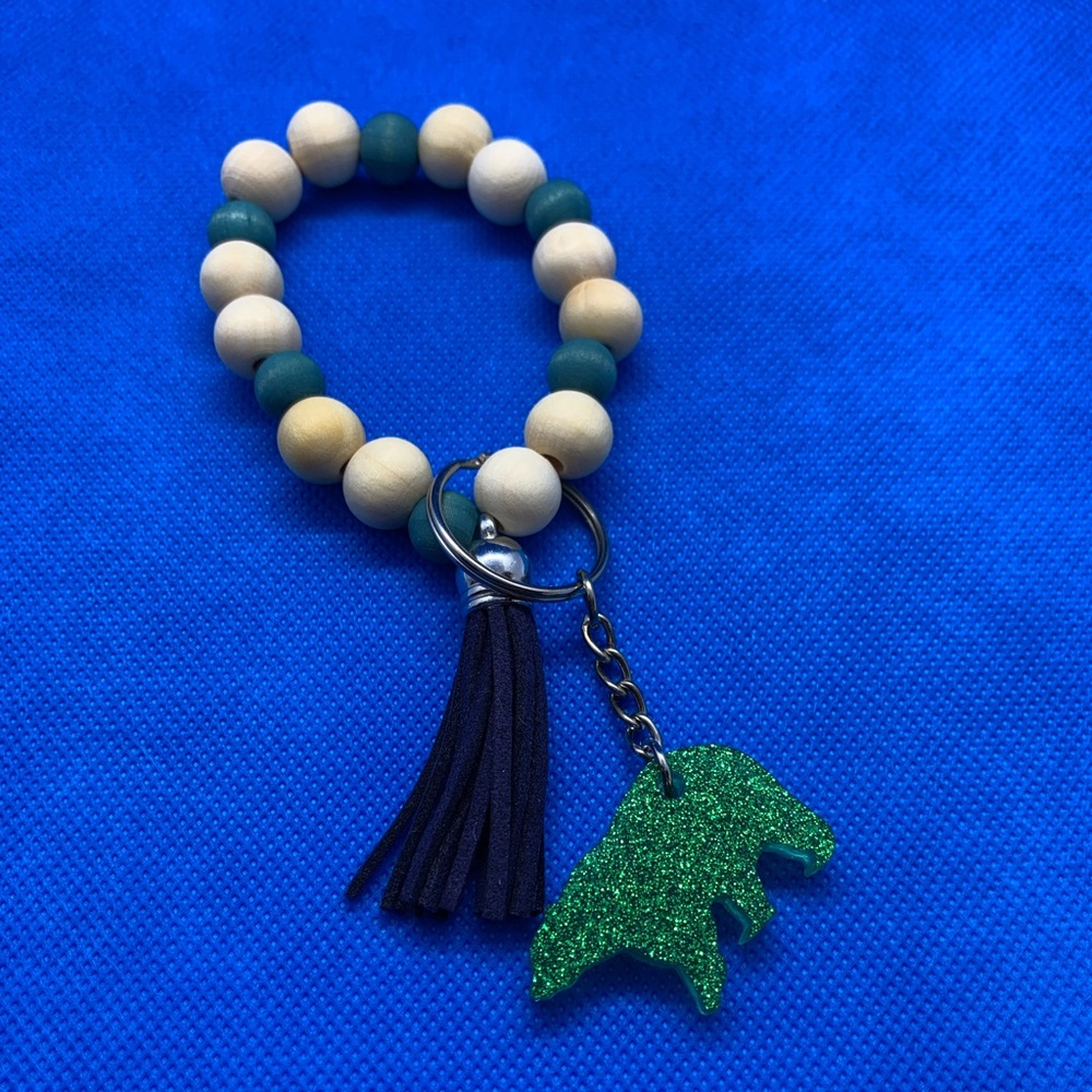 Hand Dyed Wood Bead Keychain Bracelet With Bear Charm